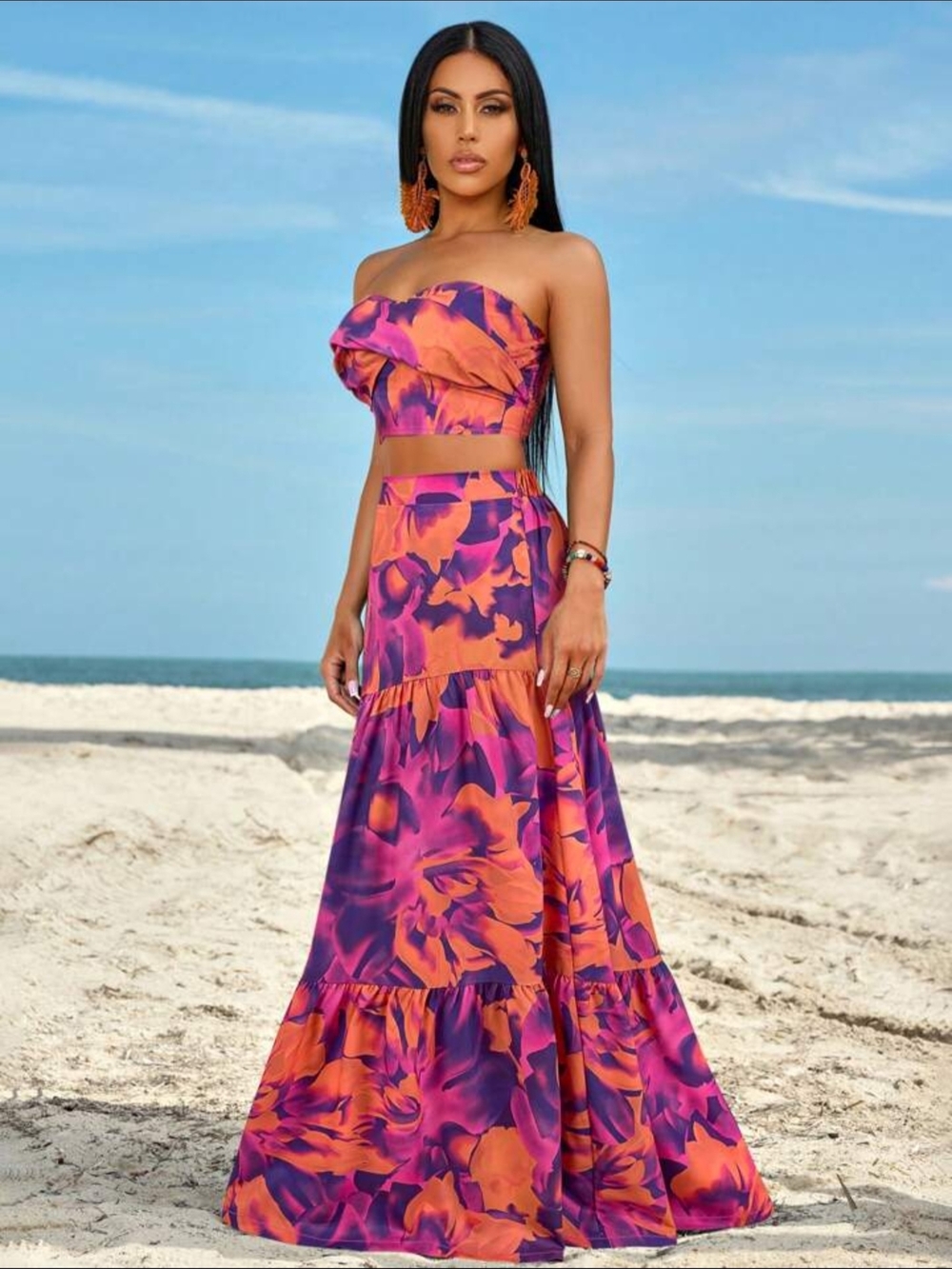 SHEIN Orange & Purple Floral Tiered Maxi Skirt